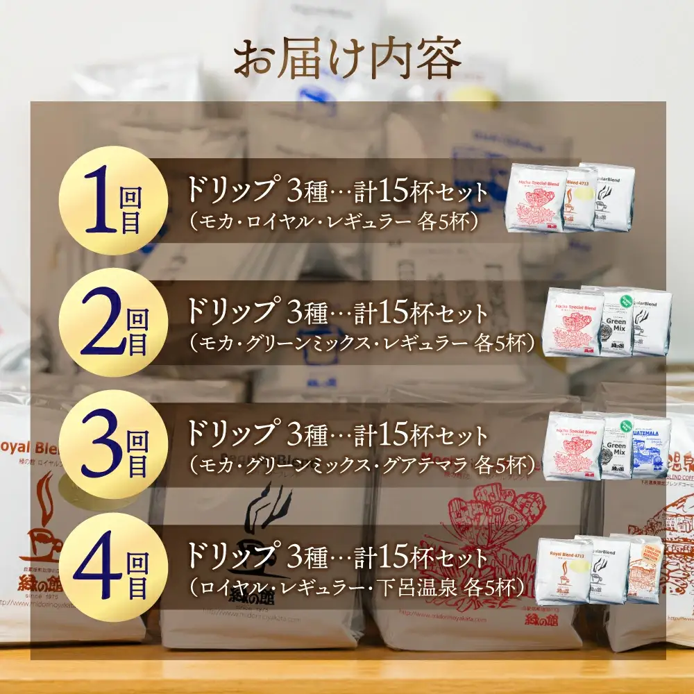 【定期便 4回】ドリップバックコーヒー 飲み比べセット (15杯×4ヵ月 計60杯）【17-G】