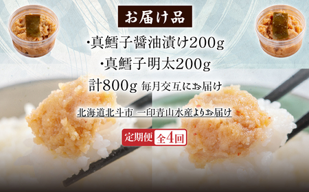 【４カ月連続定期便】真鱈子醤油漬け２００ｇ・真鱈子明太２００ｇ【寄附翌月から発送 毎月交互にお届け】計８００ｇ　食べ比べ HOKAG044