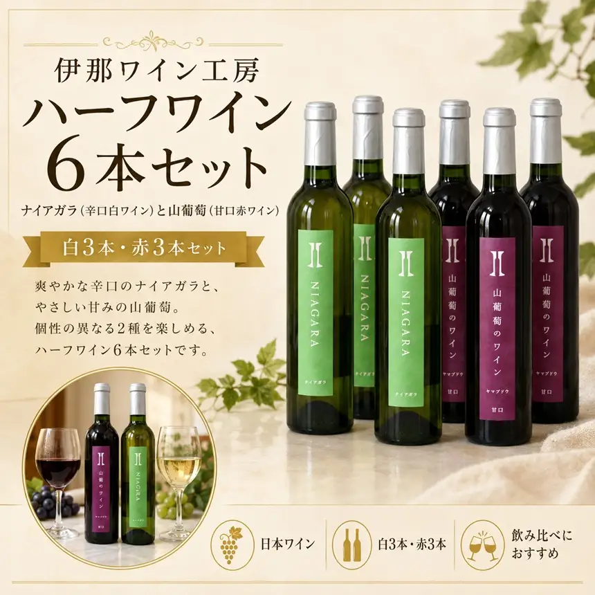 伊那ワイン工房 ハーフワイン６本セット（ナイアガラ辛口と山葡萄甘口）【027-19】