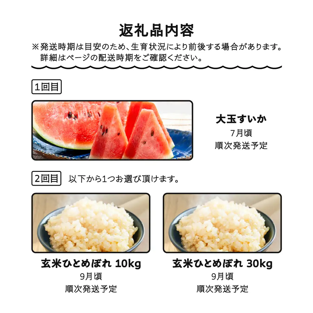 2回定期便 大玉すいか 米 新米 ひとめぼれ 玄米 30kg 令和8年産 gt-tkshx30