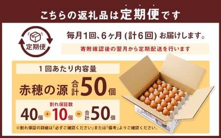 【6ヶ月定期便】 赤穂の源 50個 （40個+割れ保証10個）（25×2パック）6回 定期便 計300個 割れ保障 鶏卵 卵 たまご 卵かけご飯 卵焼き 朝ごはん ご飯 ご褒美 冷蔵 兵庫県 赤穂市