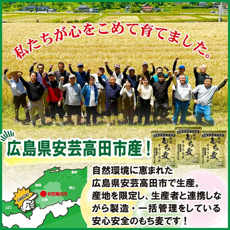 広島県安芸高田産特選もち麦キラリモチ3.3kgセット A26-002