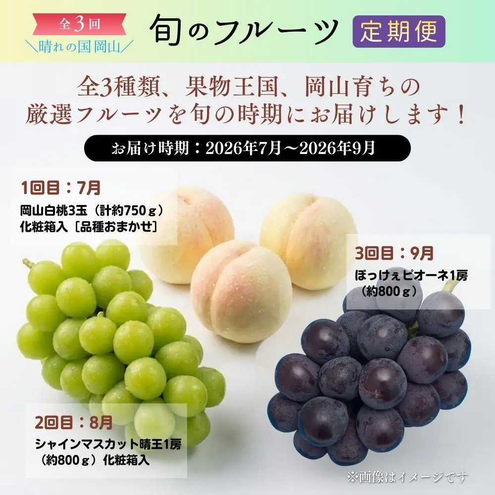 ＜定期便3回＞ 岡山白桃、シャインマスカット晴王、ぼっけぇピオーネの3回コース [040-a014]