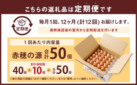 【12ヶ月定期便】 赤穂の源 50個 （40個+割れ保証10個）（25×2パック）12回 定期便 計600個 割れ保障 鶏卵 卵 たまご 卵かけご飯 卵焼き 朝ごはん ご飯 ご褒美 冷蔵 兵庫県 赤穂市
