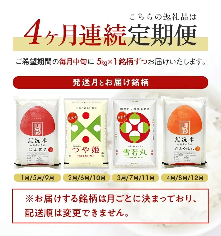≪新米予約≫【定期便】 無洗米 4銘柄(はえぬき つや姫 雪若丸 ひとめぼれ)食べ比べセット 各5kg 4ヶ月連続 計20kg(12月～3月) [1530T12]