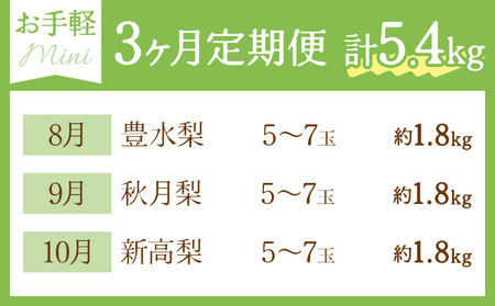 秀品 3ヶ月連続 梨の定期便 ミニ 計5.4kg 日本フルーツ株式会社《8月上旬-10月末頃出荷》熊本県 荒尾市  梨 なし 豊水梨 秋月梨 新高梨 果物 フルーツ 定期便