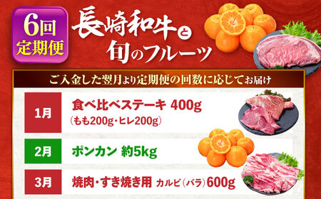 【6回定期便】長崎和牛と旬のフルーツが楽しめる バラエティ定期便 / フルーツ定期便 果物定期便 肉定期便 牛肉 びわ メロン ぶどう みかん / 南島原市 / 贅沢宝庫[SDZ055]