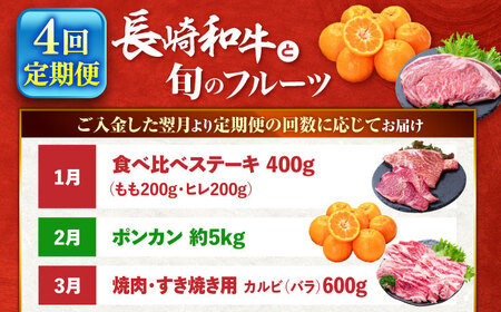 【4回定期便】長崎和牛と旬のフルーツが楽しめる バラエティ定期便 / フルーツ定期便 果物定期便 肉定期便 牛肉 びわ メロン ぶどう みかん / 南島原市 / 贅沢宝庫[SDZ056]