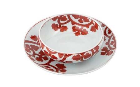 有田焼 赤絵唐草文 組皿 お皿と取鉢のセット【源右衛門窯】器 食器 うつわ 和食器 皿 スープ 鉢 小鉢 ボウル スープ碗 汁碗 染付 機能美 古伊万里 伝紋文様 唐草 からくさ 手描き 多用鉢 お皿 セット A45-389