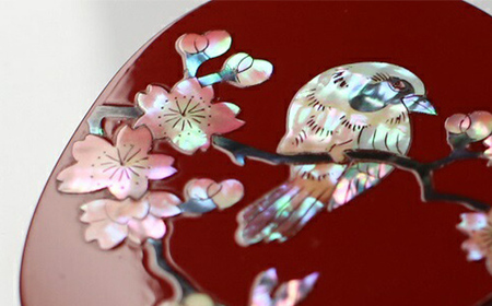 螺鈿細工 手鏡 桜に樫鳥(黒) 工芸品 民芸品 伝統技術  FAD-0201