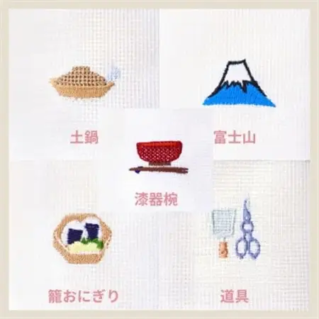 刺繍入りかや生地ふきん《日本の暮らしシリーズ》5枚セット【1719469】