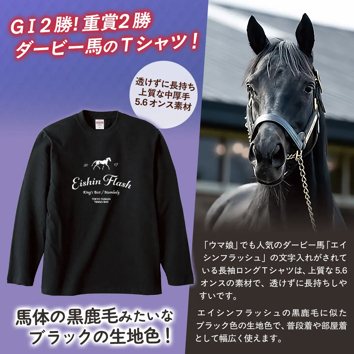 【エイシンフラッシュ】（ブラック）ロングＴシャツ_Lサイズ BRTV025-3
