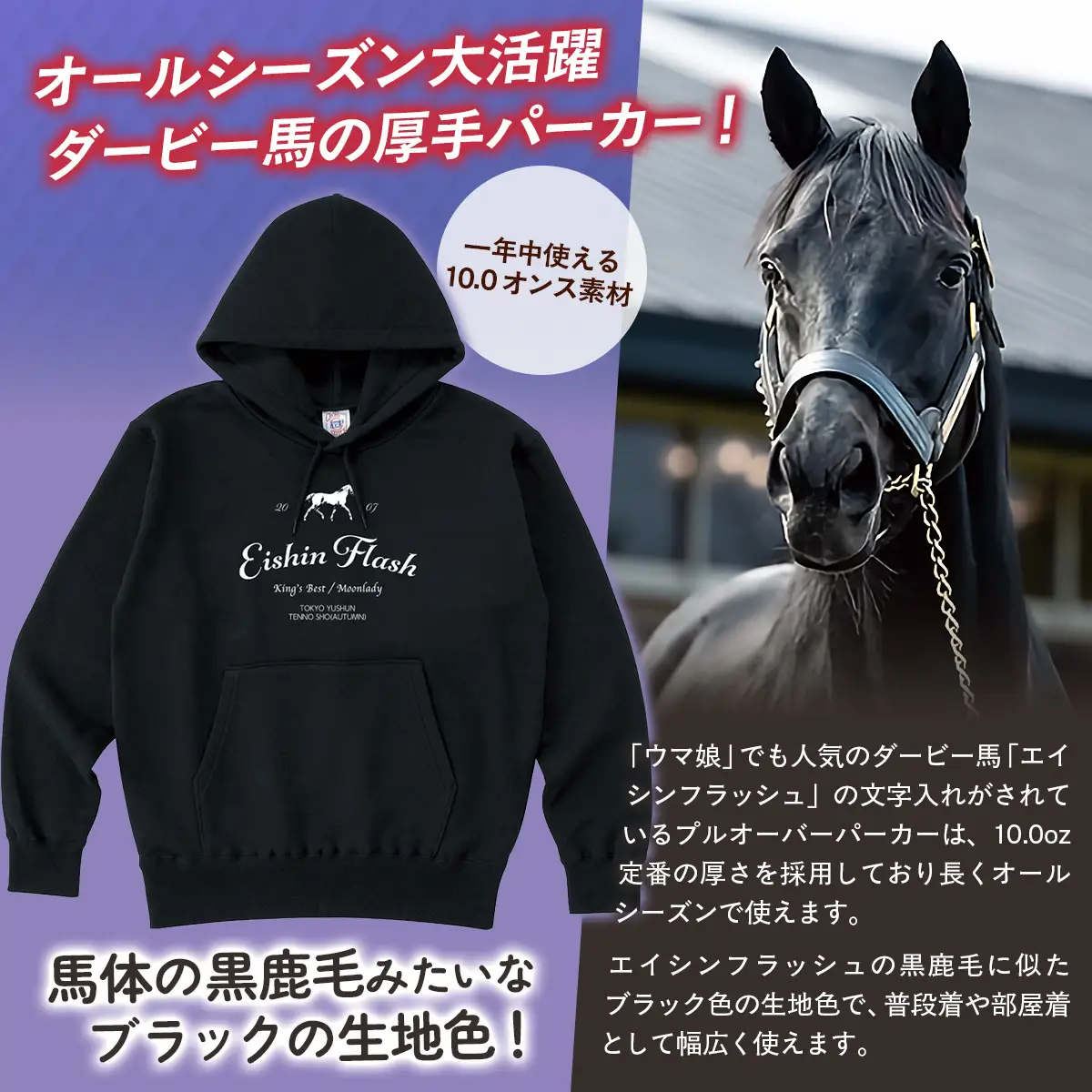 【エイシンフラッシュ】(ブラック）プルオーバーパーカー_Mサイズ BRTV026-2