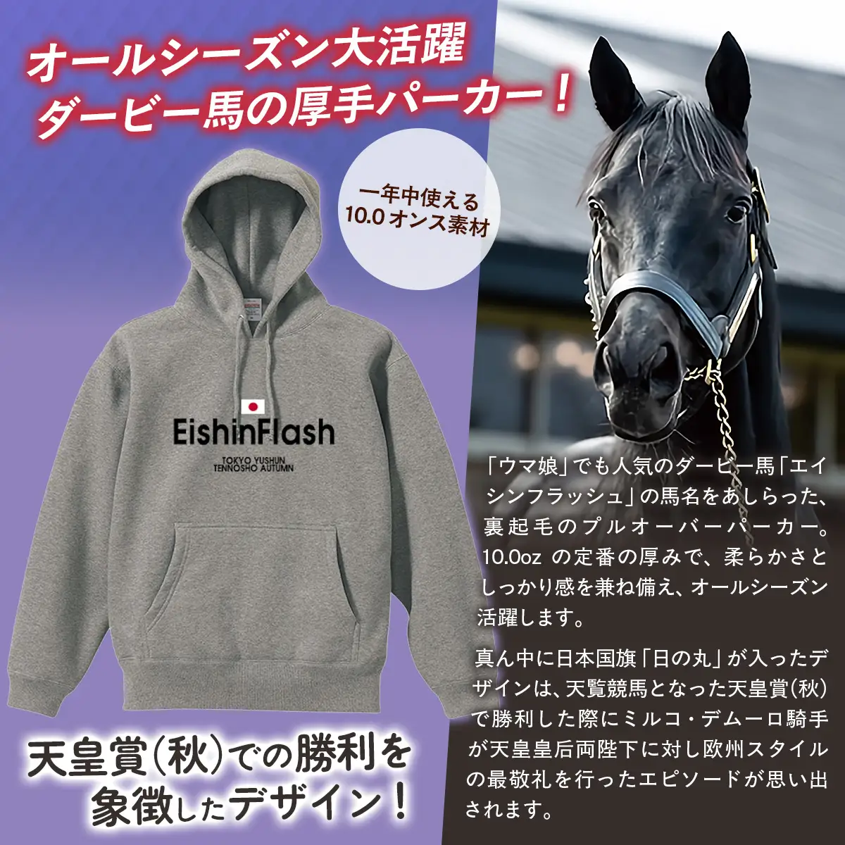 【エイシンフラッシュ】(グレー）プルオーバーパーカー裏起毛_XLサイズ BRTV027-4