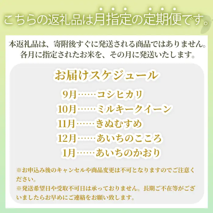 【先行予約】令和8年産　お米の食べ比べ定期便（1箱6kg×5ヶ月） ／ 米 食べ比べ 定期便 銘柄米 白米 高級米 コシヒカリ ミルキークイーン あいちのこころ きぬむすめ あいちのかおり 国産米 ごはん 香り 甘み 食感違い お取り寄せ 家庭用 ギフト向け 大容量 愛知県 No.543