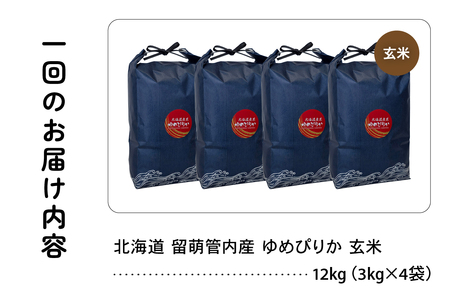9ヵ月定期便 北海道 留萌管内産 ゆめぴりか 玄米 12kg(3kg×4袋) 特A 産地直送 おいしい 玄米 定期便 R004-125
