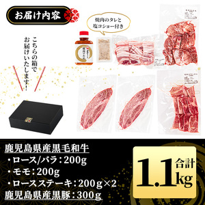 No.1360 黒毛和牛・黒豚バラの焼肉＆黒毛和牛ステーキのセット(合計1.1kg！和牛ロース/バラ200g・和牛モモ200g・和牛ロースステーキ200g×2・黒豚バラ300g) 国産 九州産 鹿児島県産 牛肉 豚肉 黒毛和牛 和牛 お肉 おかず ステーキ ロース 冷凍 【NBフード】