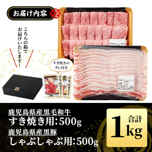 No.1361 黒毛和牛すき焼き・黒豚しゃぶしゃぶセット(合計1kg！黒毛和牛すき焼き用500g・黒豚しゃぶしゃぶ用500g) 国産 九州産 鹿児島県産 牛肉 豚肉 黒毛和牛 和牛 お肉 おかず ステーキ ロース 冷凍 【NBフード】