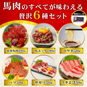 【阿蘇牧場】厳選 馬肉 盛り合わせ 6種 500g 赤身 フタエゴ ハツ サガリ ユッケ コウネ 特許製法 氷温熟成 低温調理 レア 小分け 焼くだけ簡単 専用醤油 タレ付 真空パック 熊本 小国町 最大3ヶ月以内出荷
