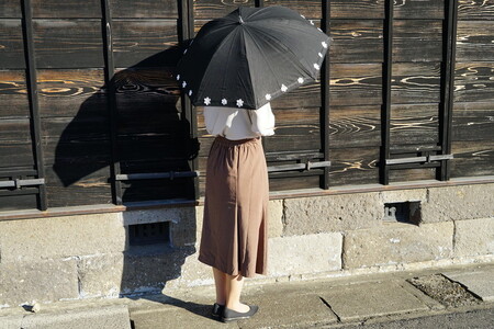 雪華模様の刺繍入り日傘（晴雨兼用・サイズ50ｃｍ・UV加工・麻50％綿50％）カラー：黒 _BL19