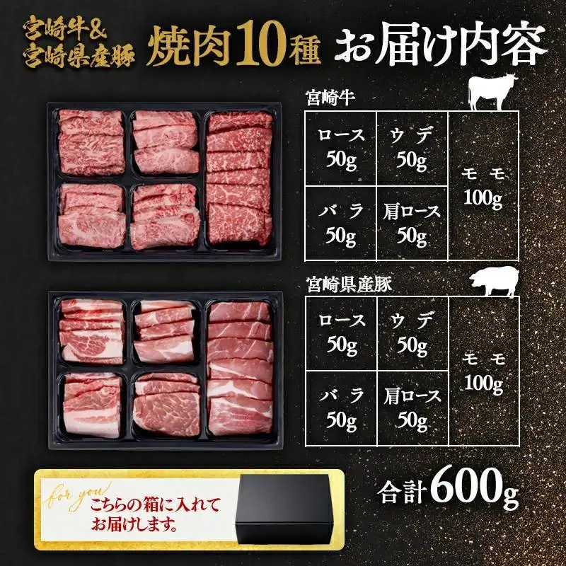 【父の日ギフト】宮崎牛＆宮崎県産豚肉 焼肉10種盛り 食べ比べセット計600g 宮崎牛4等級以上 国産牛 豚肉  ブランド牛 ミヤチク 内閣総理大臣賞4連覇＜47-3b＞●