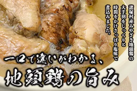 みやざき地頭鶏 大手羽の塩煮込み 1羽分×2P 常温｜鶏肉 地鶏 炭火焼 備長炭 塩煮込み 晩酌 おかず 惣菜 大手羽 コラーゲン 郷土料理 じとっこ 興洋開発株式会社 宮崎県 諸塚村 KY-20