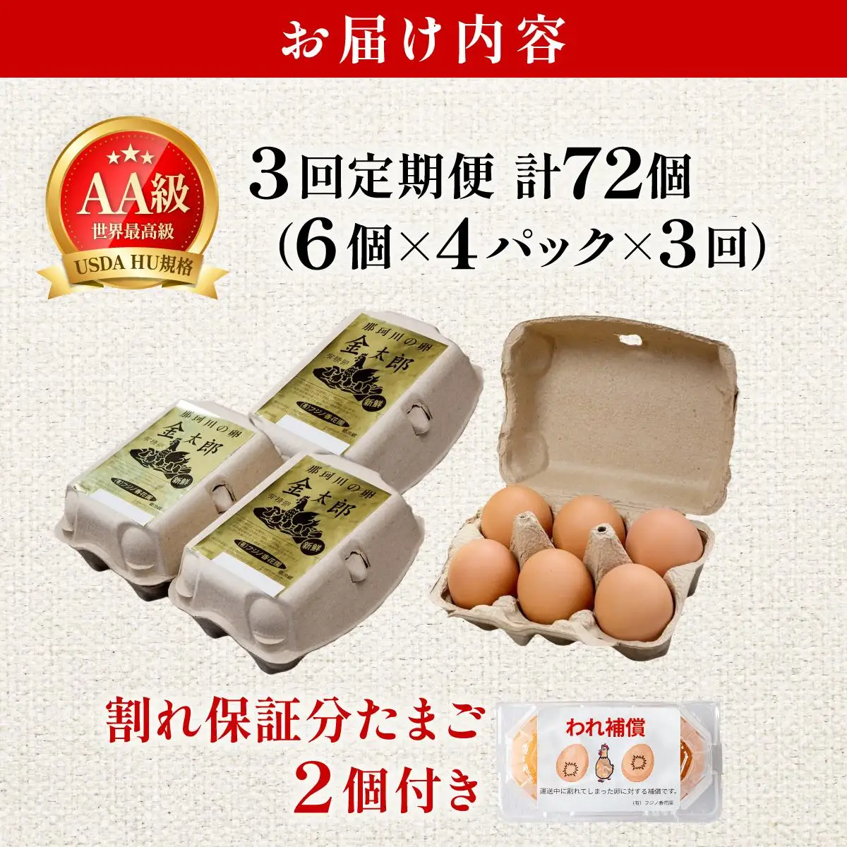 ＜定期便・全3回＞鮮度AA級の世界最高ランク！金太郎卵 平飼い たまご 24個（6個×4パック）