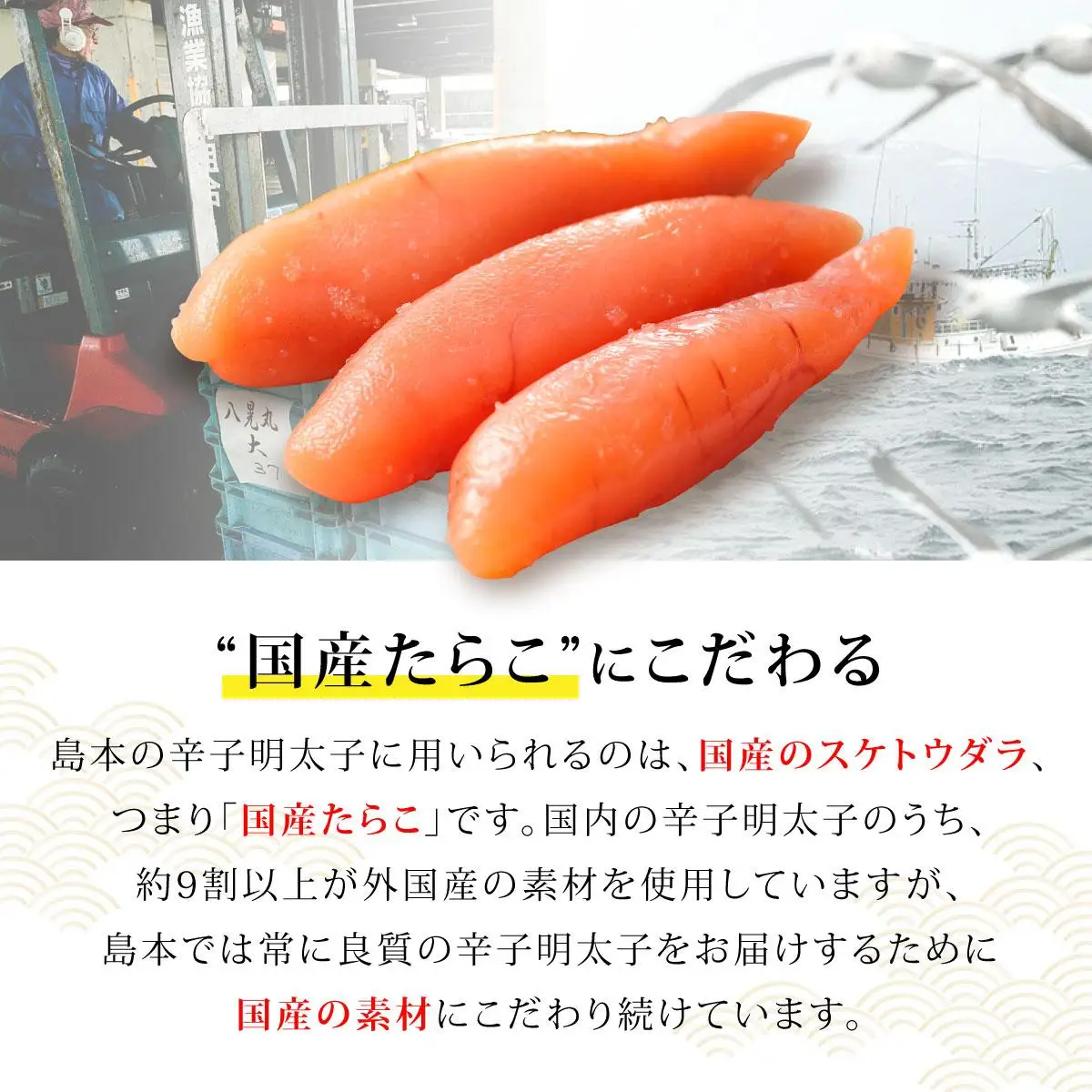 博多辛子明太子の島本 希少国産卵・無着色オリジナル辛子明太子一本物320g×2段（計640g）