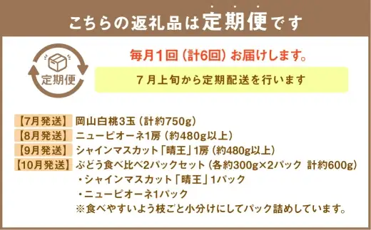 【 全6回定期便 】 岡山県産 フルーツ定期便 ＜ お一人様向け ＞ 白桃 ニューピオーネ シャインマスカット 晴王 果物 くだもの 果実 フルーツ 国産 ぶどう ブドウ 葡萄 もも 桃 モモ 梨 なし ナシ 化粧箱 【 2026年7月上旬～12月下旬迄発送予定 】