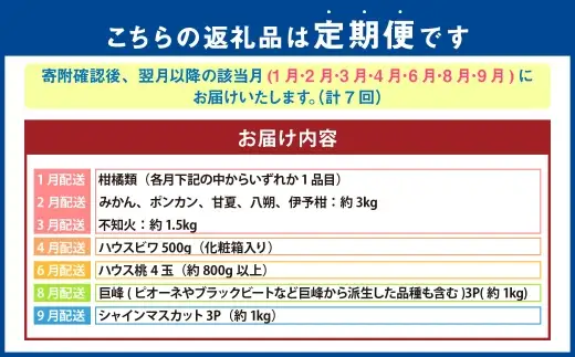 【 年7回定期便 （ 1月 ・ 2月 ・ 3月 ・ 4月 ・ 6月 ・ 8月 ・ 9月配送 ） 】 長崎 旬のフルーツ 定期便 ライト シャインマスカット ・ 巨峰 ・ ハウス桃 ・ びわ ・ 柑橘 果物 くだもの フルーツ 果実 ぶどう マスカット 桃 ビワ 柑橘類 長崎県産