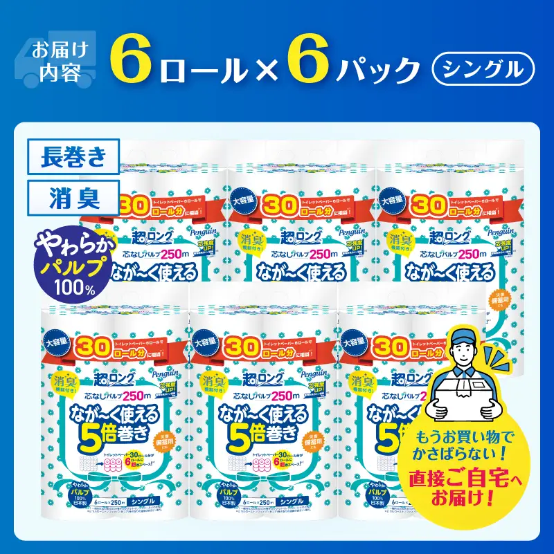 5倍巻き 180ロール相当 トイレットペーパー ペンギン パルプ 100％ シングル 250m 36ロール (6ロール×6パック)  消臭 無香 天然緑茶成分 長巻き 長持ち 防災 備蓄 日用品 生活用品 静岡県 富士市 [sf002-617]