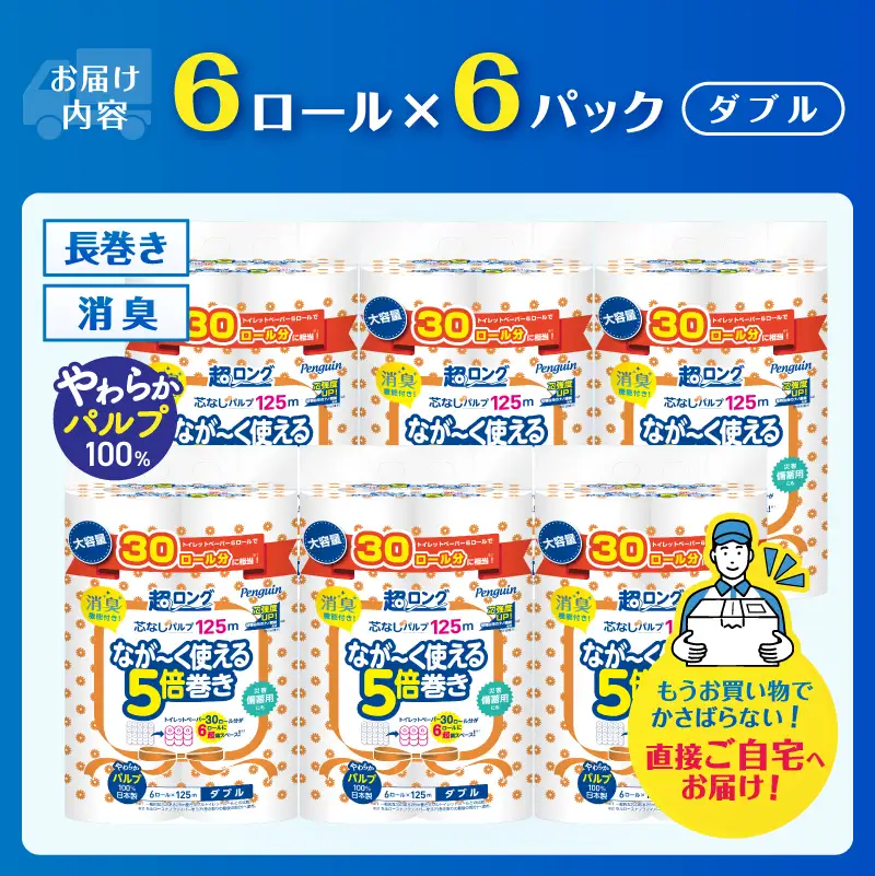 5倍巻き 180ロール相当 トイレットペーパー ペンギン パルプ 100％ ダブル 125m 36ロール (6ロール×6パック)  消臭 無香 天然緑茶成分 長巻き 長持ち 防災 備蓄 日用品 生活用品 静岡県 富士市 [sf002-618]