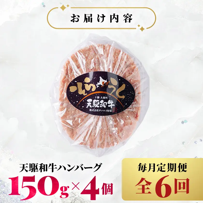 【毎月定期便】「天駆和牛(そらうし)」ハンバーグ 150g×4個 A5ランク黒毛和牛使用全6回【配送不可地域：離島】【4085968】