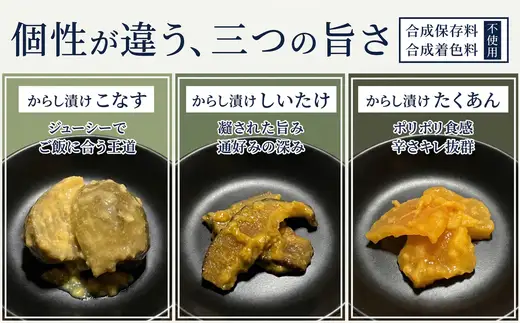 からし漬け 3種 240g 食べ比べ セット 漬物 こなす・しいたけ・たくあん