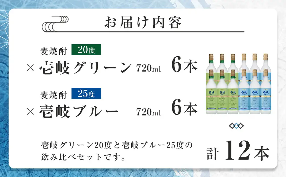 壱岐グリーン20度 壱岐ブルー25度 720ml 各6本セット 計12本｜麦焼酎 お酒