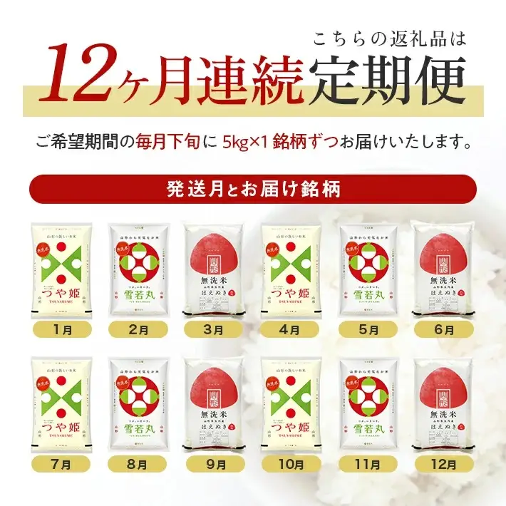 【定期便】無洗米3銘柄定期便 5kg×12ヶ月連続下旬発送 計60kg(11月～10月)つや姫 雪若丸 はえぬき [1531T11]