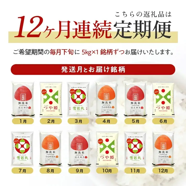【定期便】無洗米4銘柄定期便 5kg×12ヶ月連続下旬発送 計60kg(12月～11月)はえぬき つや姫 雪若丸 ひとめぼれ [1532T12]
