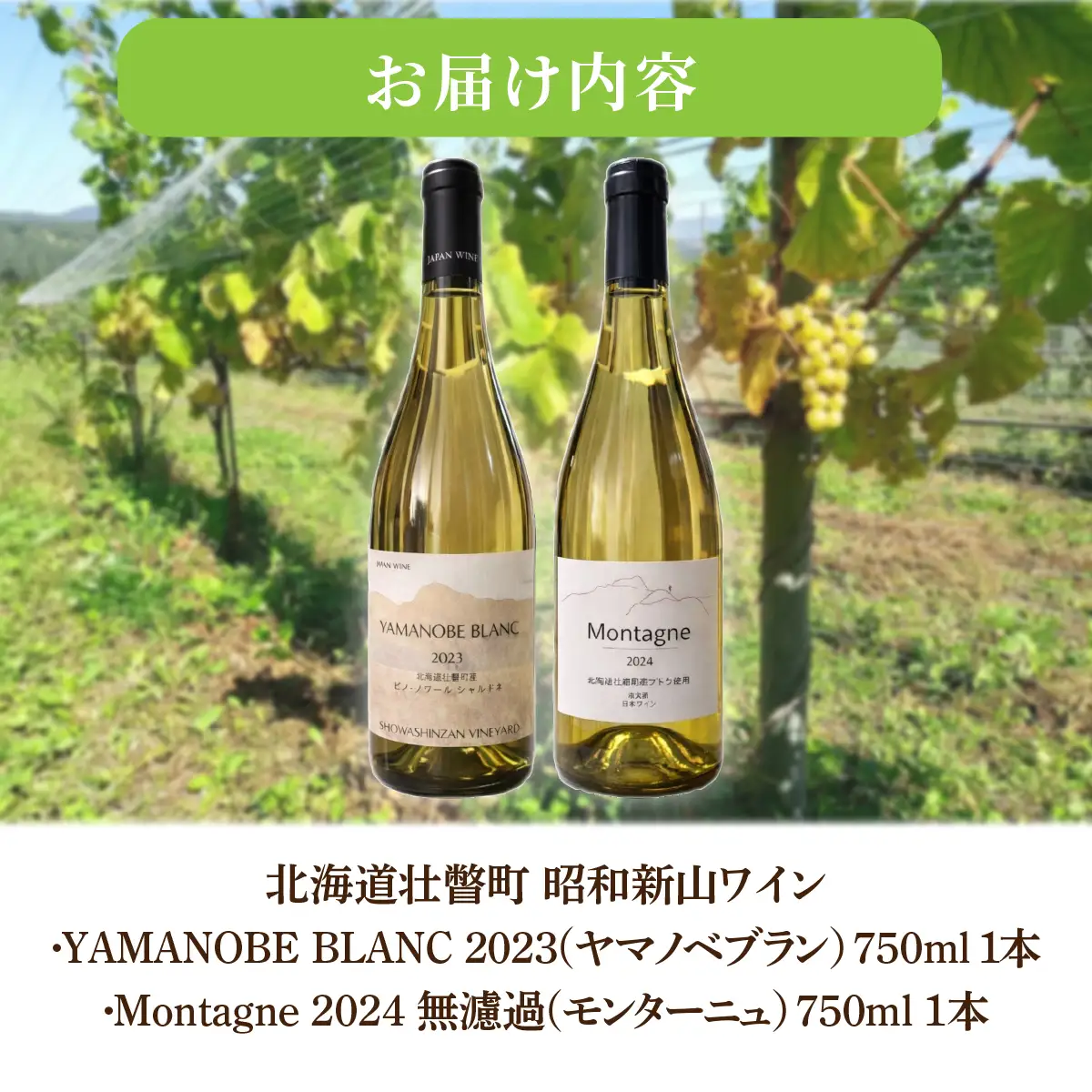 昭和新山ワイン YAMANOBE BLANC 2023(ヤマノベブラン）、Montagne 2024 無濾過(モンターニュ）白ワイン 辛口 750ml 各1本セット SBTQ014