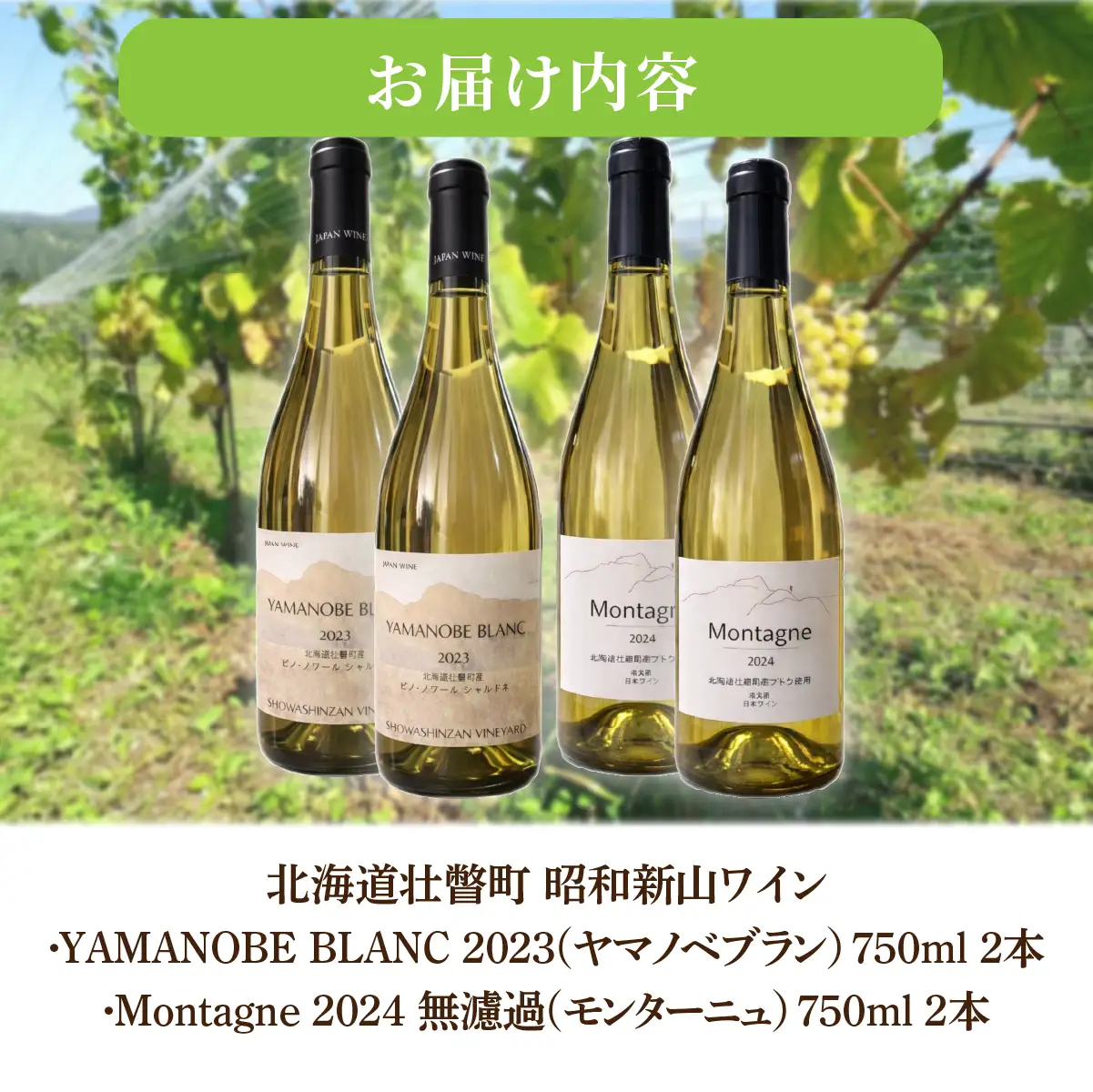 昭和新山ワイン YAMANOBE BLANC 2023(ヤマノベブラン）、Montagne 2024 無濾過(モンターニュ）白ワイン 辛口 750ml 各2本セット  SBTQ015