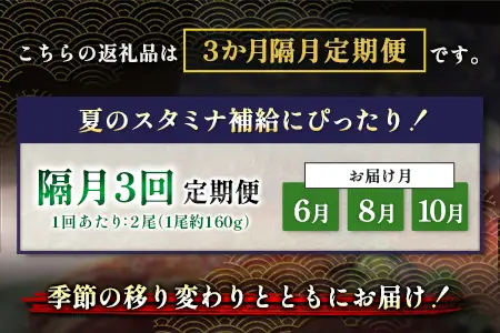 うなぎ 蒲焼 定期便 ＜計3回＞ 鰻 2尾 （計960g） 国産 ウナギ 3か月 隔月 人気 ギフト 贈答品 おすすめ 小分け 宮崎県 高鍋町 名物【MR-g-002】