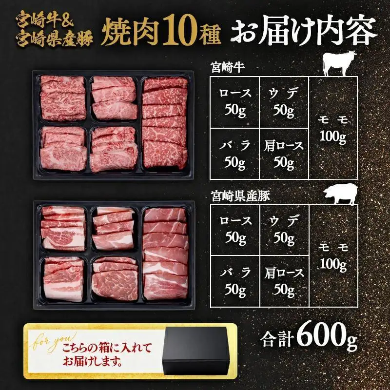 【お中元ギフト】宮崎牛＆宮崎県産豚肉 焼肉10種盛り 食べ比べセット計600g 宮崎牛4等級以上 国産牛 豚肉  ブランド牛 ミヤチク 内閣総理大臣賞4連覇＜47-3b＞●
