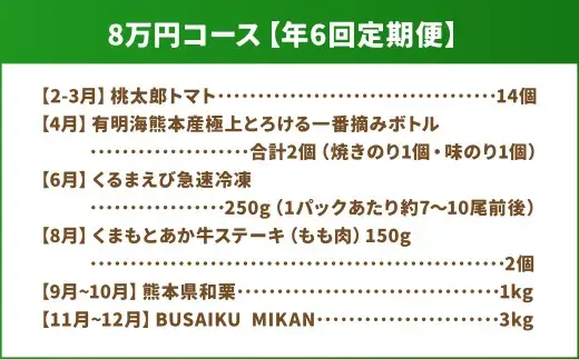 【年6回定期便】 くまもとモン （熊本県産品） 定期便 （バラエティコース） 寄附額8万円コース トマト 海苔 くるまえび くまもとあか牛 栗 みかん とまと 野菜 あか牛 和栗 蜜柑 ミカン 果物 フルーツ 熊本県