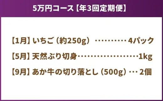 【年3回定期便】 くまもとモン （熊本県産品） 定期便 （バラエティコース） 寄附額5万円コース いちご ぶり くまもとあか牛 苺 くだもの 果物 ブリ 海鮮 あか牛 切り落とし 熊本