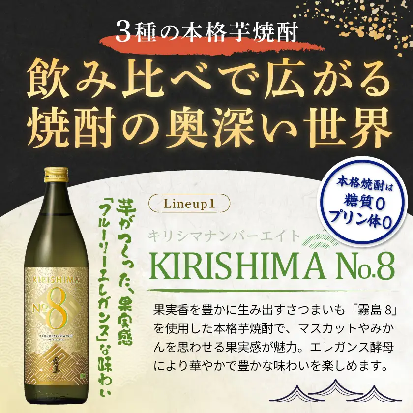 【匠の焼酎三種】KIRISHIMA No.8・赤霧島・茜霧島(25度)3本セット≪みやこんじょ特急便≫〔18-67-006〕_(都城市) 焼酎 25度 パック/瓶 1800ml/900ml 霧島酒造