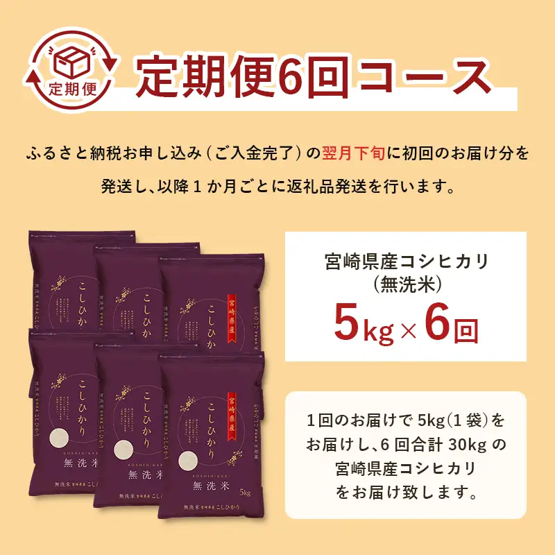 【6か月定期便】 無洗米 ＜チャック付＞ 新米 国産 令和8年産 コシヒカリ 宮崎県産（5kg×6回）