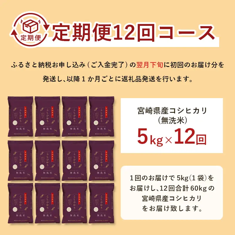 【12か月定期便】 無洗米 ＜チャック付＞ 新米 国産 令和8年産 コシヒカリ 宮崎県産（5kg×12回）