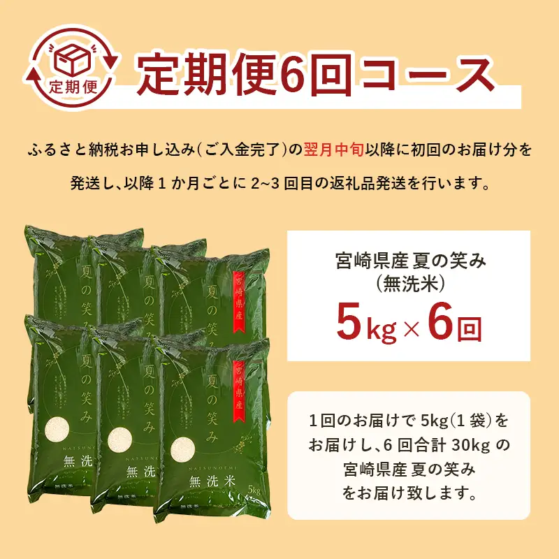 【6か月定期便】 無洗米 ＜チャック付＞ 新米 国産 令和8年産 夏の笑み 宮崎県産（5kg×6回）