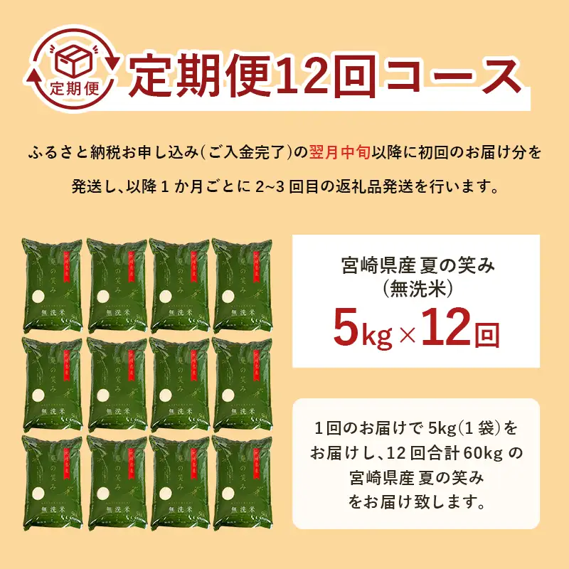 【12か月定期便】 無洗米 ＜チャック付＞ 新米 国産 令和8年産 夏の笑み 宮崎県産（5kg×12回）