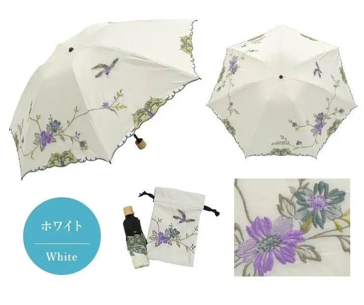 【シノワズリーモダン京都】花鳥刺繍ミニ折りたたみ晴雨兼用日傘 ホワイト