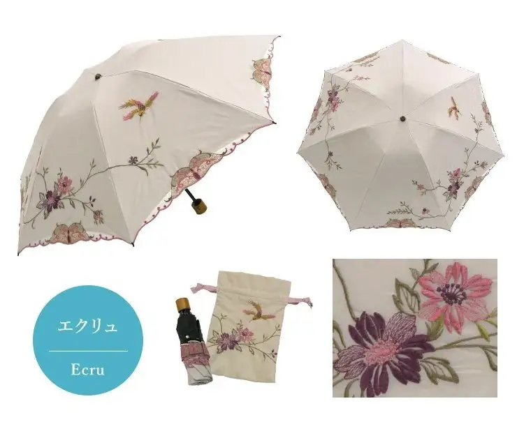 【シノワズリーモダン京都】花鳥刺繍ミニ折りたたみ晴雨兼用日傘 エクリュ